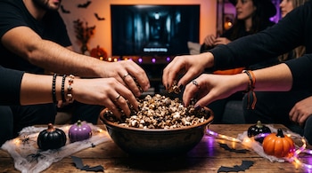 Cuatro manos toman palomitas de un recipiente en una mesa de madera con adornos de Halloween, calabazas pequeñas y luces de colores.