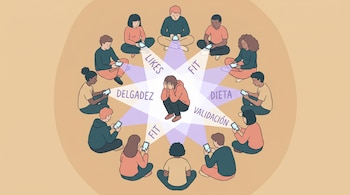 Ilustración cenital de 12 jóvenes en círculo con móviles proyectando luz. En el centro, una persona se cubre la cara, rodeada de 'delgadez', 'likes', 'fit', 'dieta', 'validación'.
