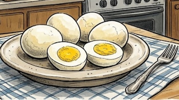 Cocina ilustrada con huevos duros en un plato sobre un mantel a cuadros, junto a un mate. Se ven una estufa, encimera con utensilios y una ventana con plantas