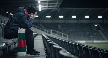 Hombre sentado en grada de estadio vacío, con gorro y chaqueta oscura, cubre su rostro con las manos. Una bufanda rojo, verde y blanco yace a su lado. Luces iluminan el fondo oscuro.