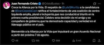Reacciones divididas tras el respaldo de Luis Gilberto Murillo a Iván Cepeda: Juan Fernando Cristo destaca el fortalecimiento de la coalición y proyecta triunfo en primera vuelta - crédito Juan Fernando Cristo/X