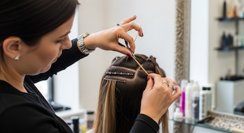 Una peluquera coloca extensiones de pelo en la cabeza de una clienta. Se observa su mano con anillos, pinzas, un peine y secciones de pelo con ganchos y microanillos.