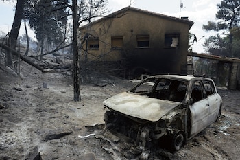 Casas quemadas en los alrededores de el embalse de El Burguillo por el incendio que se originó en Burgohondo (Ávila). (EFE/Raúl Sanchidrián)