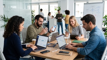 Cuatro personas sentadas en una mesa de madera utilizan computadoras portátiles y dispositivos móviles en un entorno de oficina