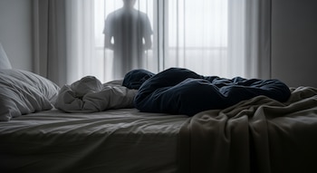 Cama deshecha con sábanas blancas, edredón azul oscuro y manta beige; silueta borrosa de una persona de pie tras cortinas blancas frente a una ventana.