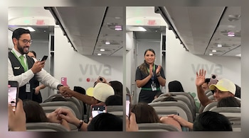 Dos fotografías dentro de un avión muestran tripulantes de cabina interactuando con pasajeros; un hombre estrecha una mano y una mujer aplaude mientras otro hombre saluda.