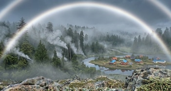 Arcoíris sobre paisaje con rocas, vegetación, río sinuoso, un pueblo con casas de colores y columnas de vapor