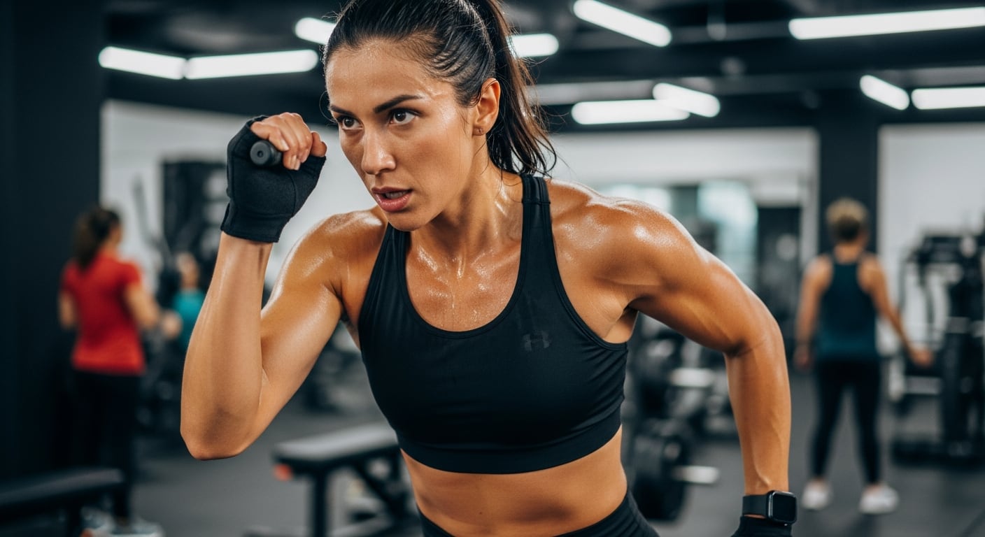 Una mujer atlética y sudorosa, con guantes de entrenamiento y ropa deportiva negra, realiza ejercicio físico intenso en un gimnasio moderno, mostrando concentración y determinación. (Imagen Ilustrativa Infobae)