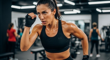 Primer plano de una mujer atlética sudando intensamente, vestida con top deportivo negro y guantes, en pleno ejercicio en un gimnasio.