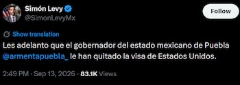 Simón Levy aseguró en redes sociales que a Alejandro Armenta le fue retirada la visa estadounidense.