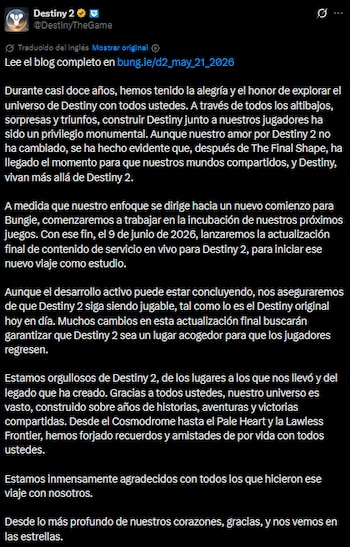Destiny 2 llegó a fin, así lo anunció el estudio Bungie.