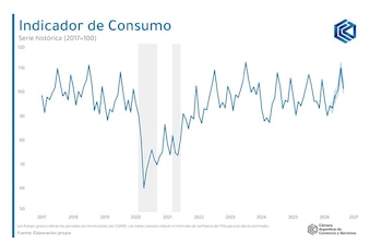 Gráfico de línea sobre la evolución del Indicador de Consumo desde 2017 hasta 2027 con franjas grises y el logo institucional