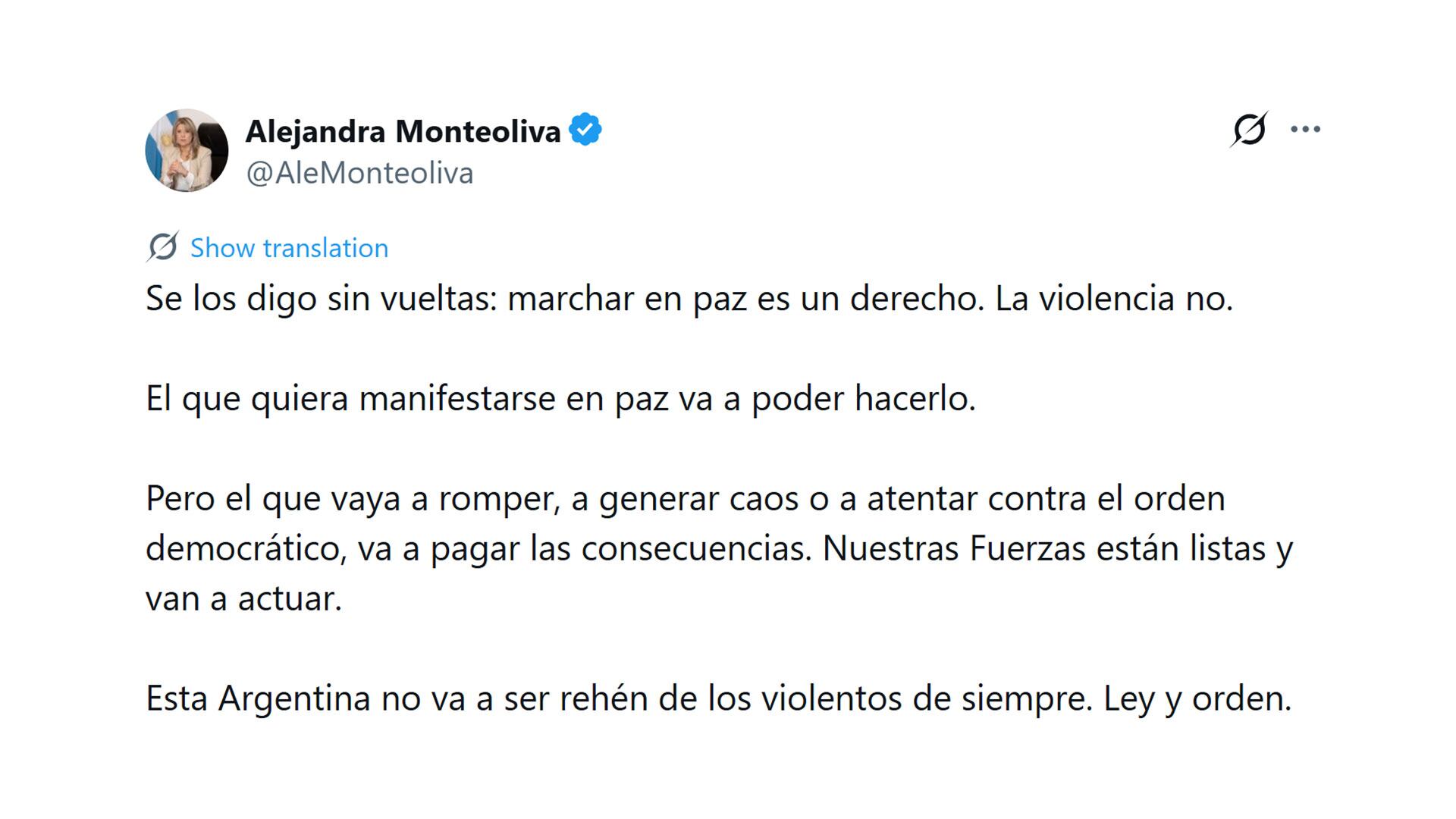 La ministra de Seguridad afirmó que las fuerzas están listas para actuar en caso de ser necesario