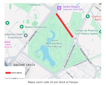 Mapa urbano del Parque Simón Bolívar con una línea roja que marca el cierre de un tramo de la calle 63 y una leyenda en el costado inferior