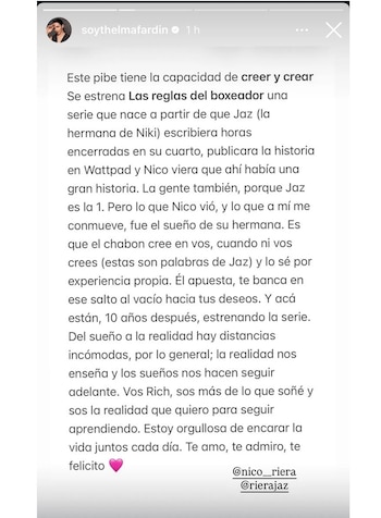 Captura de pantalla de una historia de Instagram de Thelma Fardín con un mensaje de texto que menciona a Nico Riera y Riera Jaz