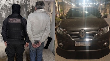 El hombre de 58 años detenido durante el operativo y el Renault Logan secuestrado, que será peritado (Gentileza)