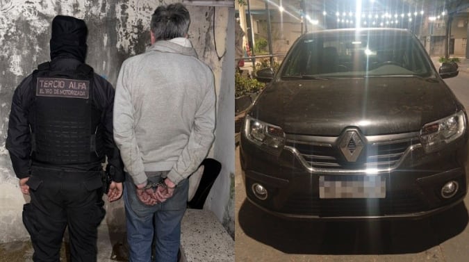 El hombre de 58 años detenido durante el operativo y el Renault Logan secuestrado, que será peritado (Gentileza)