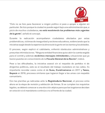 Un grupo de ciudadanos, luego de cinco meses de recolección en barrios y localidades claves de Bogotá, formalizó la petición que permitirá activar la consulta popular para definir el futuro del mandatario capitalino - crédito Comite de revocatoria