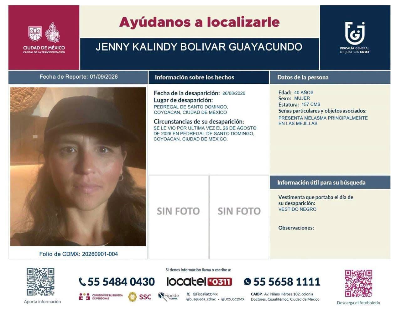 La Fiscalía General de Justicia de Ciudad de México emite una ficha de búsqueda para localizar a Jenny Kalindy Bolívar Guayacundo, desaparecida en Coyoacán. (FGJCDMX)