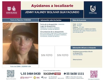 Ficha de búsqueda oficial con la foto de Jenny Kalindy Bolívar Guayacundo, datos personales, fechas y números telefónicos de contacto