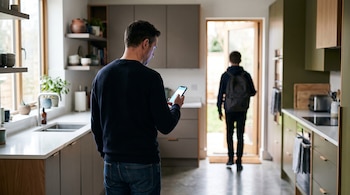 Un hombre de espaldas mira un teléfono en una cocina y un joven con mochila camina hacia una puerta exterior abierta.