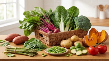 Remolachas, acelgas, brócoli, papas, espárragos, tomates, calabaza y coles de Bruselas distribuidos sobre una mesa de madera