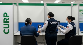 Dos funcionarios uniformados toman huellas digitales a una persona sentada en un escritorio dentro de un módulo de la CURP con paneles verdes y blancos.