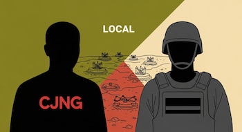 Dos siluetas humanas estilizadas, una con el logo CJNG y otra con casco y chaleco, se enfrentan. Un terreno con minas terrestres las divide. Fondo con la palabra LOCAL.