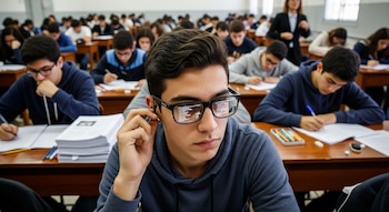 Estudiante con gafas negras que muestran texto y un auricular en la oreja, sentado en un aula llena de alumnos haciendo un examen.