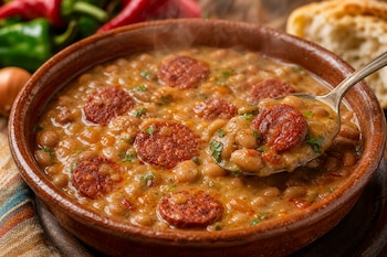 Cazuela de barro con guiso de frijoles y rodajas de chorizo, con una cuchara de metal que sostiene una porción del alimento.
