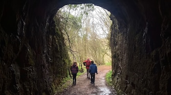 Tres personas caminan en fila por un sendero de tierra húmeda saliendo de un túnel oscuro. En el exterior se ven árboles sin hojas y vegetación.