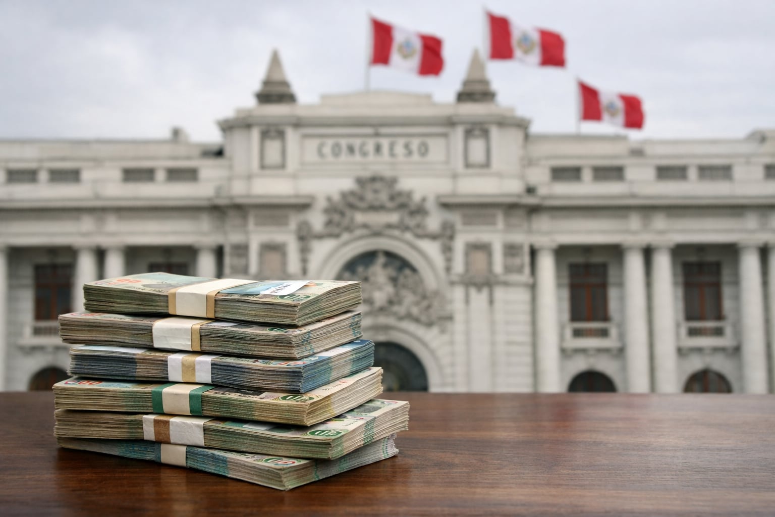 Una pila de billetes de soles peruanos descansa sobre una mesa con el edificio del Congreso de la República del Perú al fondo, indicando el debate salarial. (Imagen Ilustrativa Infobae)