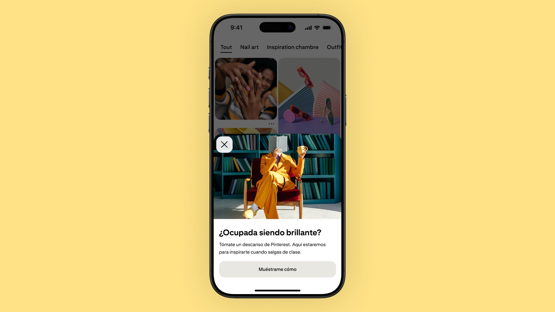 Una notificación de la aplicación Pinterest en un teléfono inteligente sugiere a las estudiantes tomar un descanso durante el horario escolar en México. (Pinterest)