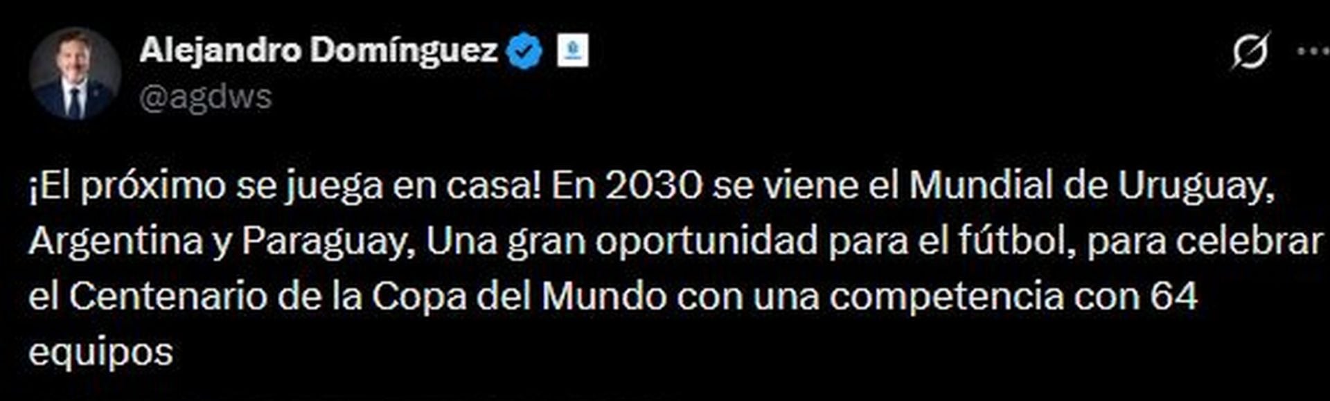El presidente de la Conmebol abrió la discusión sobre el futuro Mundial 2030 al plantear una competencia con 64 equipos, propuesta que luego matizó como un objetivo por impulsar. (X: @agdws)