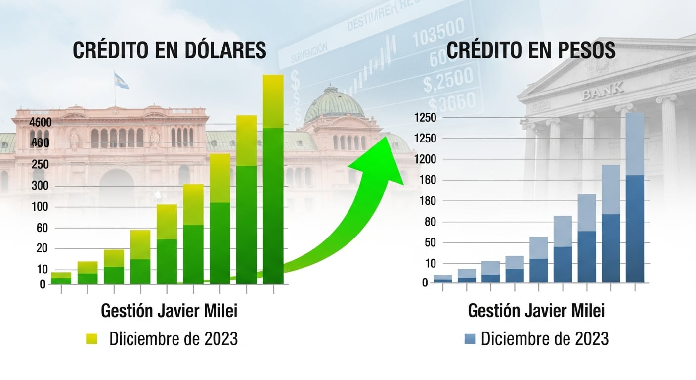 Gráfico comparativo muestra cómo el crédito en dólares ha aumentado drásticamente bajo la administración de Javier Milei, superando con creces el crecimiento del crédito en pesos desde diciembre de 2023. (Imagen Ilustrativa Infobae)