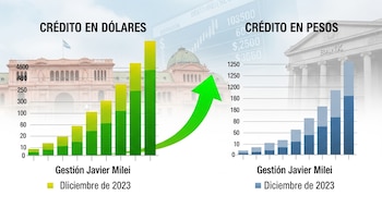 Gráfico de barras que compara el crecimiento del crédito en dólares y pesos bajo la gestión de Javier Milei, con la Casa Rosada y un banco de fondo.