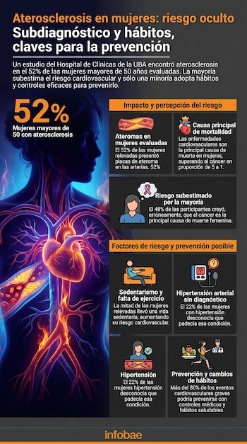 Infografía sobre aterosclerosis en mujeres, mostrando una ilustración del sistema cardiovascular y placas en arterias, con estadísticas y factores de riesgo y prevención.