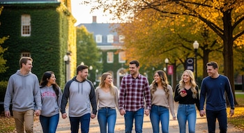 Seis jóvenes, tres parejas, caminan de la mano en un campus universitario. Árboles con follaje otoñal y edificios cubiertos de hiedra son visibles de fondo.
