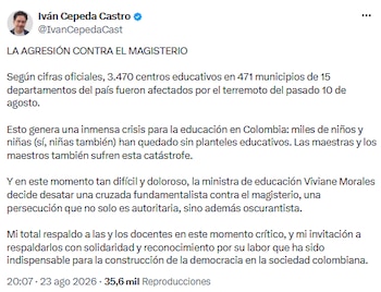 Iván Cepeda enfrenta a Viviane Morales por su manejo de la crisis educativa en Colombia - crédito @IvanCepedaCast/X