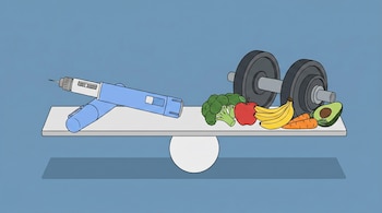 Una balanza con una pluma de insulina en un lado y una mancuerna junto a brócoli, manzana, plátanos, zanahorias y aguacate en el otro.