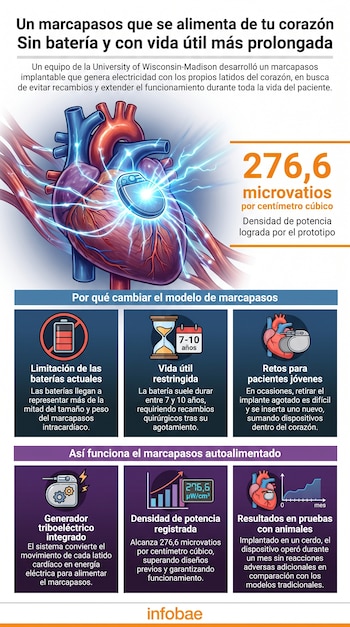 Infografía de un corazón humano con un marcapasos que emite energía. Muestra datos de potencia y limitaciones de baterías, junto a iconos y texto explicativo.