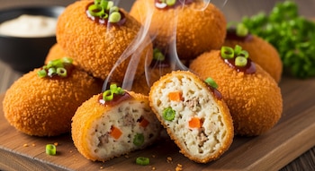 Seis croquetas de papa fritas, redondas y doradas, con salsa y cebolla de verdeo. Una croqueta cortada muestra relleno de papa, carne, zanahoria y guisantes.