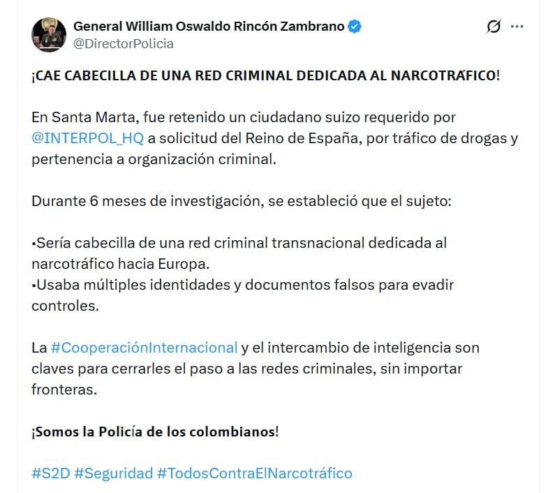 Las operaciones de envío de drogas coordinadas por Gioel tenían como principal destino España, según las autoridades judiciales - crédito @DirectorPolicia/X