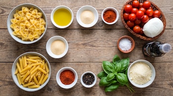 Cuencos con pasta corta, especias, aceite de oliva, tomates cherry, mozzarella, albahaca y una botella sobre una mesa de madera.
