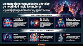 Infografía: figuras encapuchadas en red digital, iconos de resentimiento, violencia, supremacía masculina; paneles explican incels, Chad y foids.