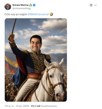 El congresista compartió una imagen hecha con inteligencia artificial en la que aparece caracterizado como Simón Bolívar - crédito @simonmolinag/X