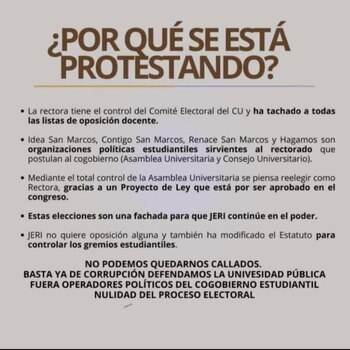 Alumnos toman San Marcos por presuntas irregularidades en proceso electoral interno. (Foto difusión)