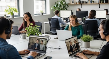 Jóvenes profesionales con auriculares y laptops trabajan en una oficina moderna con plantas y luz natural; las pantallas muestran personas viendo series o películas.