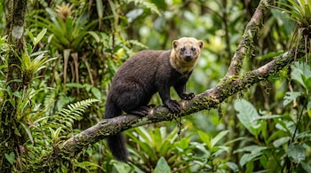 Una tayra de cuerpo oscuro y cabeza clara posa sobre una rama musgosa rodeada de vegetación verde y bromelias.