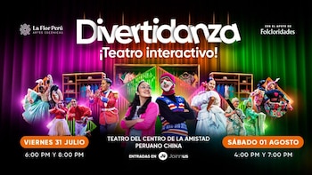 Afiche promocional de "Divertidanza ¡Teatro interactivo!". Varias personas en trajes típicos de danza sobre un escenario con fondo de cortinas y un vestuario